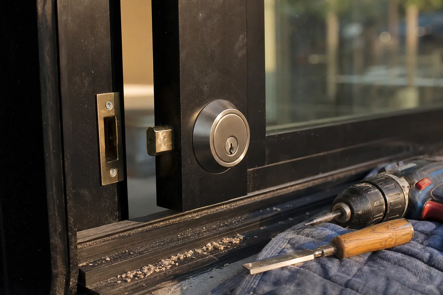 New deadbolt being installed in a front door