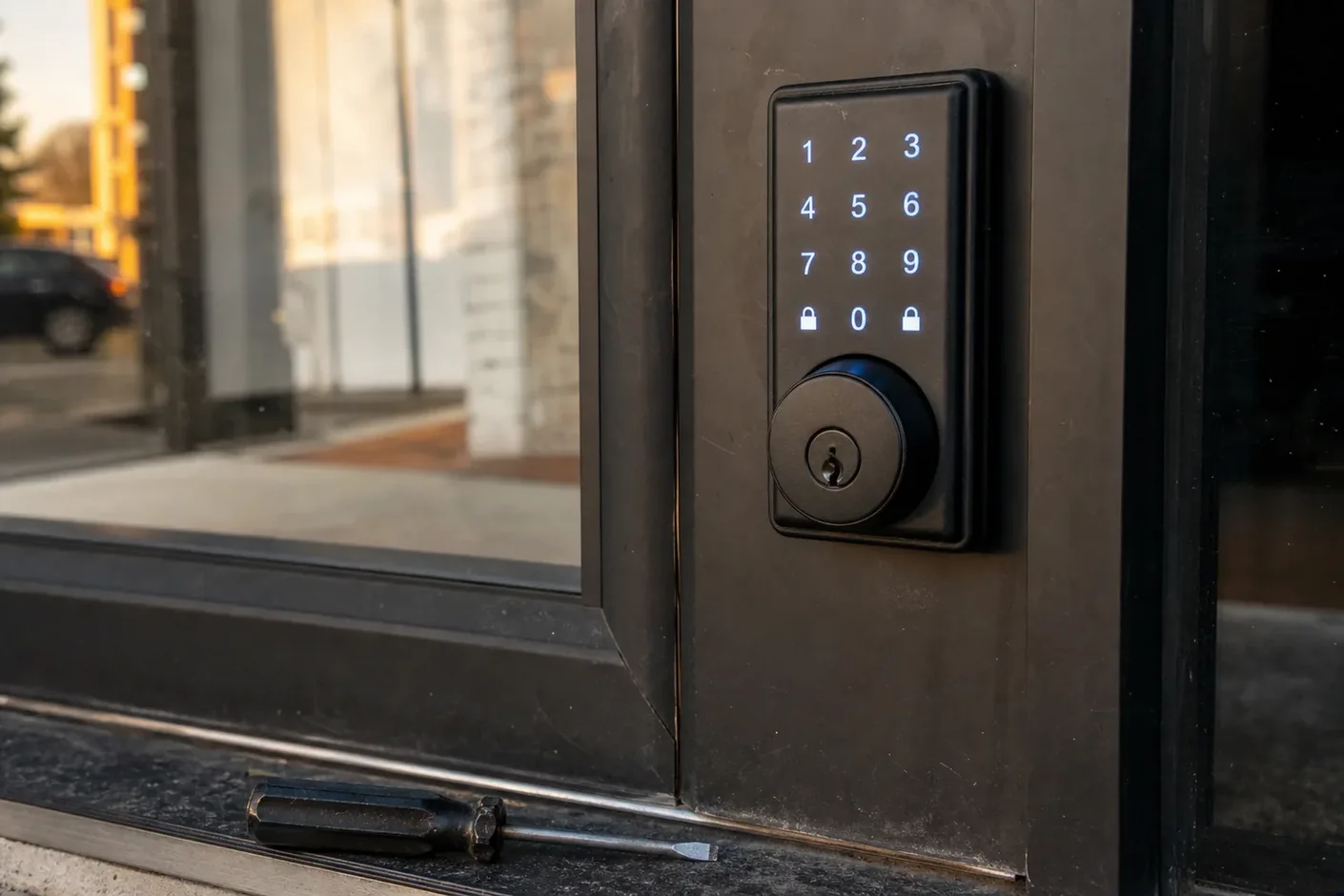 Keypad deadbolt fitted to a front door