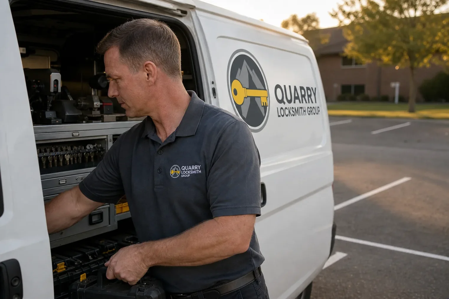 The Quarry Locksmith Group service van, stocked for lockouts and key cutting in Aurora